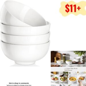 Set of 4, White Ceramic Bowls