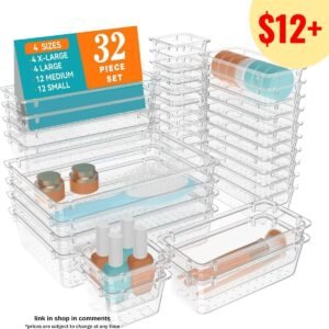 32 PCS Clear Plastic Drawer Organizer Set