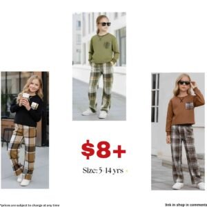 2 Pcs Girls Long Sleeve Tops + Plaid Wide Leg Pants With Pockets