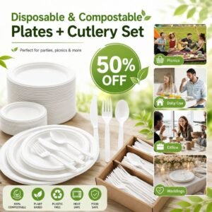 Disposable and compostable plates and cutlery set.