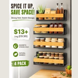 Magnetic 4 Pack Bamboo Spice Rack