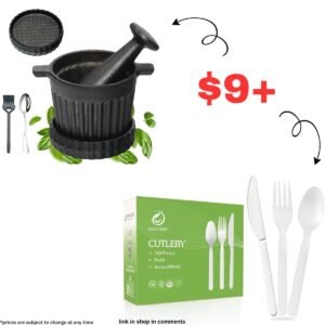 Disposable Cutlery Set [160 Pcs] | Cast Iron Mortar Pestle w/ Garlic Grater