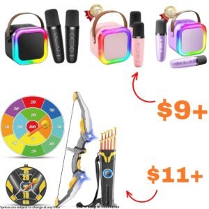 Kids’ LED Bow and Arrow Set with 10 Suction Cup Arrows and 2 Targets | Karaoke Machine with 2 Wireless Microphones