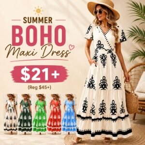 Summer Casual V Neck Boho Maxi Dress