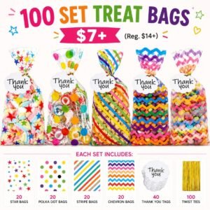 100 Set Rainbow Cellophane Treat Bags