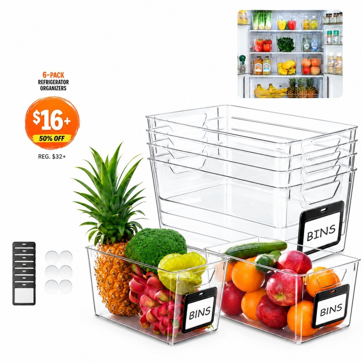 6-Pack Clear Fridge Organizers