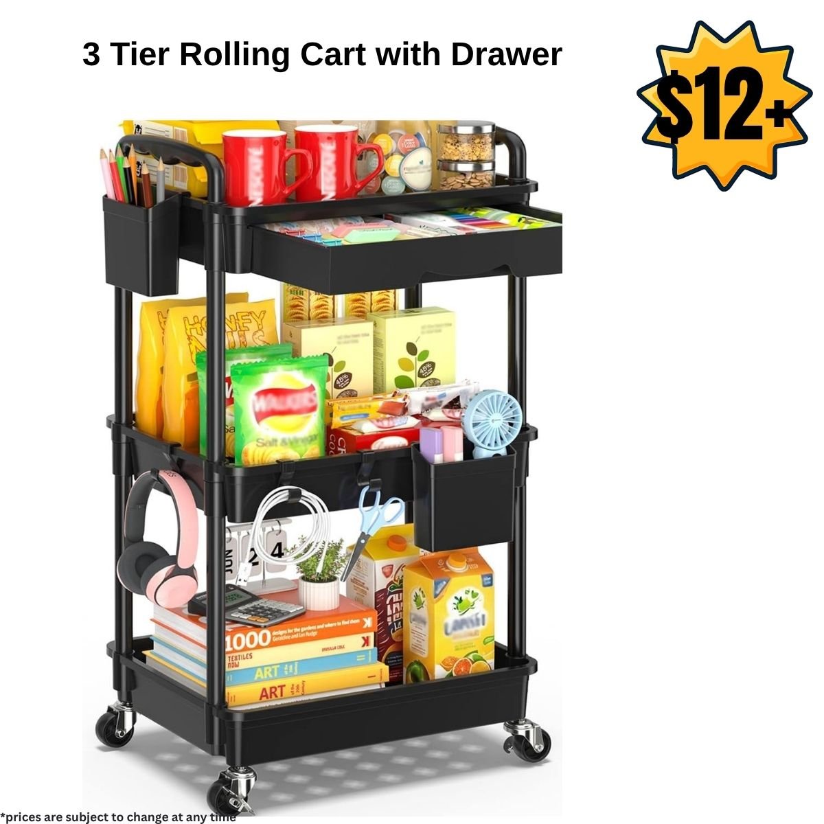 3 Tier Rolling Cart with Drawer
