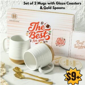 Set of 2 Mugs with Glaze Coasters & Gold Spoons