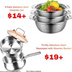 Tri-Ply Stainless Steel Saucepan with Steamer Basket| 3 Pack Stainless Steel Colander Set