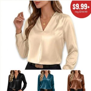 Women's Satin V Neck Long Sleeve Blouse