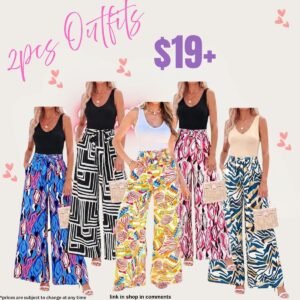 Two Piece Set with V-Neck Tank Tops & Flowy Wide Leg Pants