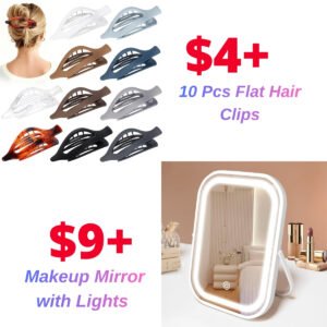 10 Pcs Flat Hair Clips |  Makeup Mirror with Lights