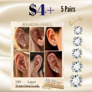 5 Pairs 14K Gold Plated Stud Earrings