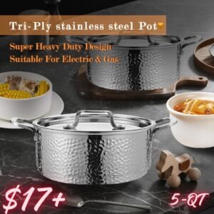5 QT-Tri-Ply Stainless Steel Hammered Stockpot Compatible with All Stovetops