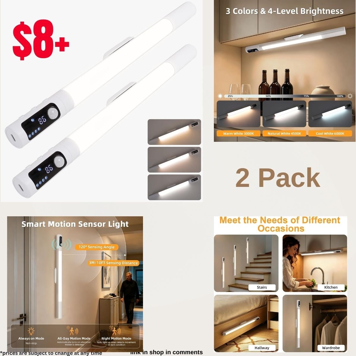 2 Pack Rechargeable Led Motion Sensor Under Cabinet Light