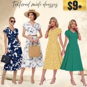Textured & Pleated Waist midi dresses