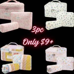 Large 3-pc Quilted Makeup Bag Set