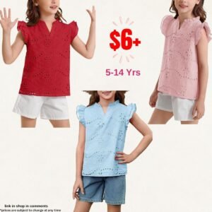 Ruffle Sleeve V-Neck Eyelet Cotton Blouses 5-14 Years