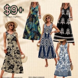 Flowy V Neck Midi Dress with Pockets