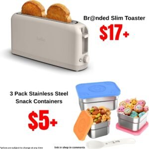 Br@nded 2-Slice Slim Toaster,| 3 Pack Stainless Steel Snack Containers