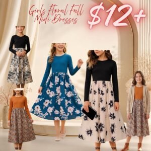 Girls Floral Fall Midi Dresses (7-14 Years)
