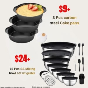 3 Pcs carbon steel Cake pans | 16 Pcs SS Mixing bowl set w/ grater