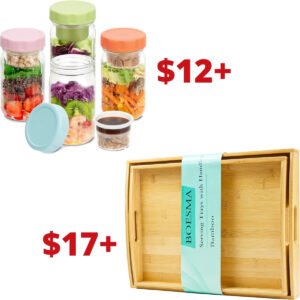 4 Pack Glass Salad Jars | Set of 2 Bamboo Serving Trays