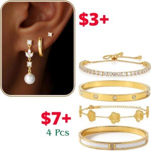 Pearl Earrings | 4Pcs Gold Bracelet Set