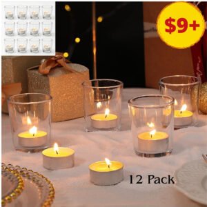 12-Pack Unscented Tea Light Candles & Glass Votive Holder