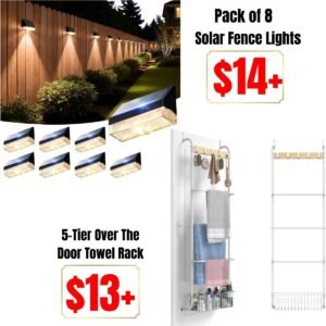 Pack of 8-Solar Fence Lights,  5-Tier Over The Door Towel Rack