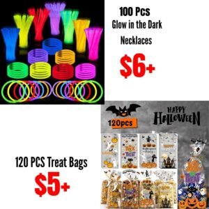 100-Pcs Glow in the Dark Necklaces and Bracelets with Connectors, Halloween Treat Bags