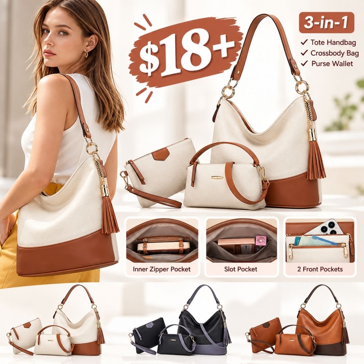 Large 3-pcs Tote Handbag Set