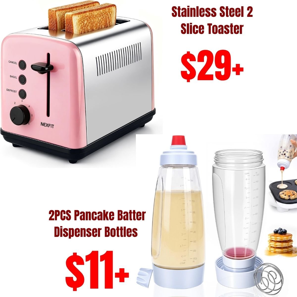 2PCS Pancake Batter Dispenser Bottles with Stainless Steel wire whisk, Stainless Steel 2 Slice Toaster