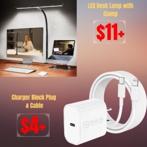 LED Desk Lamp with Clamp, Charger Block Plug and 10ft USB Cable