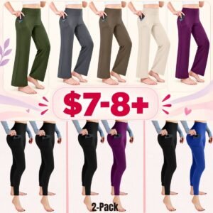 Womens Wide Leg Yoga Pants, 2-Pack High Waist Leggings with Pockets
