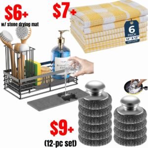 Cotton kitchen towels, Sink caddy w/ stone drying mat, Steel wool scrubbers set