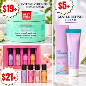 Hair mask, | Retinol cream, | 4-pk body mist minis