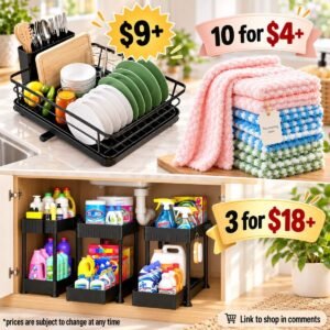 10-pk cleaning cloths| Dish drying rack| 3-pk under sink organizers