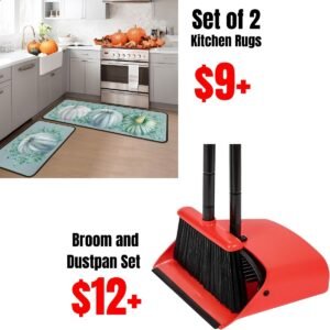Fall Kitchen Rugs Set of 2,  Broom and Dustpan Set