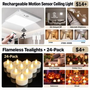 Rechargeable Motion Sensor Ceiling Light, Battery Operated 24 PCS Tea Lights Candles