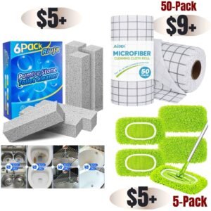 Microfiber Cleaning Cloth Roll-50PK, 6 Pack Pumice Stone, Reusable Microfiber Mop Pads 