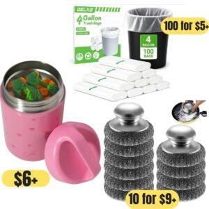 100-ct trash bags |16-Oz SS insulated food jar | 10-pc Steel wool scrubbers