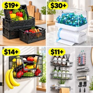Shower Caddy | Magnetic Shelf for Fridge | Trash Bag Dispenser | 6-Pack Collapsible Plastic Storage Baskets