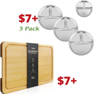 3 Pack Stainless Steel Divided Plates |  Bamboo Cutting Board