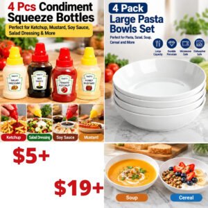 4 Pcs Condiment Squeeze Bottles | Large Pasta Bowls Set