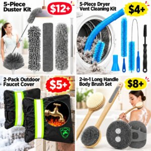 Dryer Vent Cleaner Kit | Outdoor Faucet Covers | Back Scrubber | Duster with Extension Pole