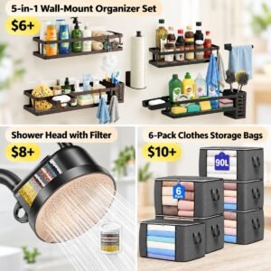 5-in-1 wall-mount organizer set | Shower head w/ filter | 6-pk clothes storage bags