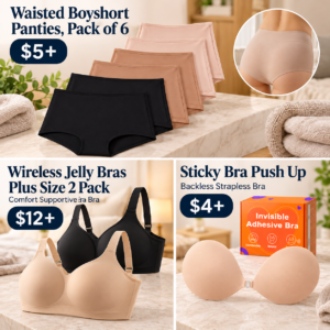 Waisted Boyshort Panties, Pack of 6, Wireless Jelly Bras Plus Size 2 Pack, Sticky Push Up,Backless Strapless Bra