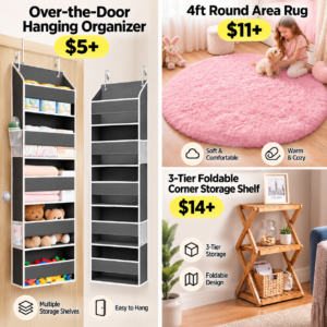 Over-the-door hanging organizer,| 4ft round area rug, | 3-tier foldable corner storage shelf