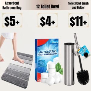 Absorbent Bathroom Rug |12 Toilet Bowl Cleaner Tablets | Toilet Bowl Brush and Holder